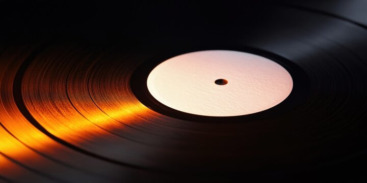 Extreme close-up macro photograph of a black vinyl record with warm light reflecting