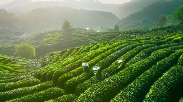 Tea Picking Workers in Lush Green Tea Fields