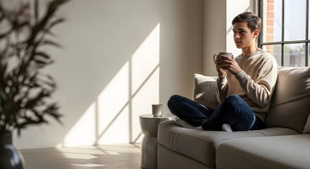 Obraz premium A young man enjoys a peaceful moment with a hot drink in a sunlit modern living room.