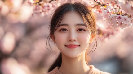 Fototapeta premium Beautiful young woman with white cherry blossom tree in full bloom in seoul city road,south korea,sakura or Beotkkot flower in Korean language,spring season concept.