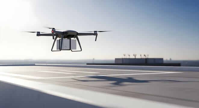 Futuristic drone delivery service showcasing automated package transport over a modern city.
