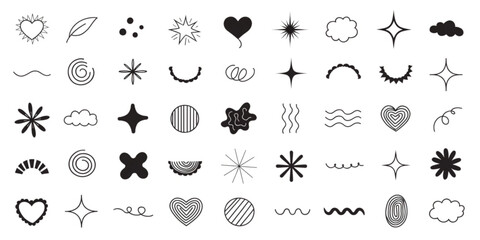 A collection of various black and gray icons featuring hearts, clouds, stars, and other shapes on a white background.