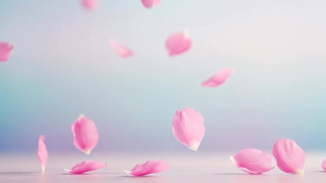 Soft pink flower petals falling gently against a smooth gradient background
