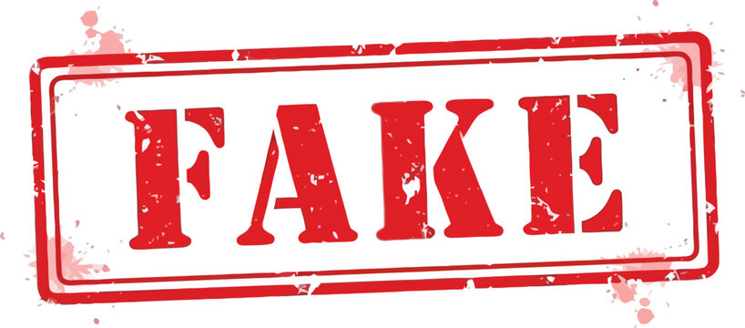 Red distressed stamp with the word f a k e in white fake