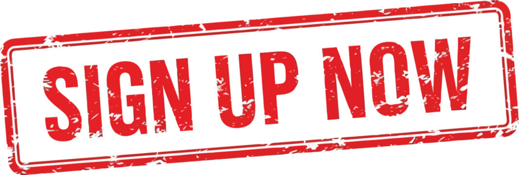 Red distressed stamp with white text s i g n u p n o w sign up now