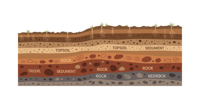 A professional geological cross-section diagram clearly labels various soil layers including topsoil, sediment, rock, and bedrock with plant roots against white.