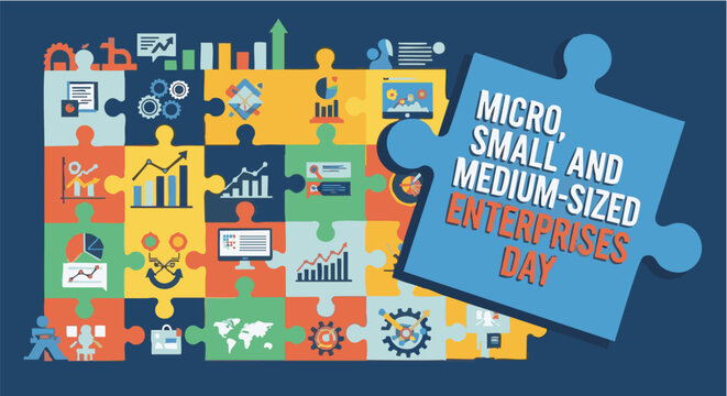 Colorful puzzle pieces with business icons in vibrant flat design for micro small and medium-sized enterprises day