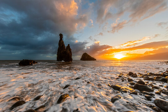 Sea stacks at sunrise on the coast of Madeira Portugal