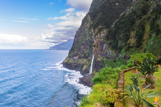 Waterfall at Miradouro do V�u da Noiva cliff on Madeira coast Portugal
