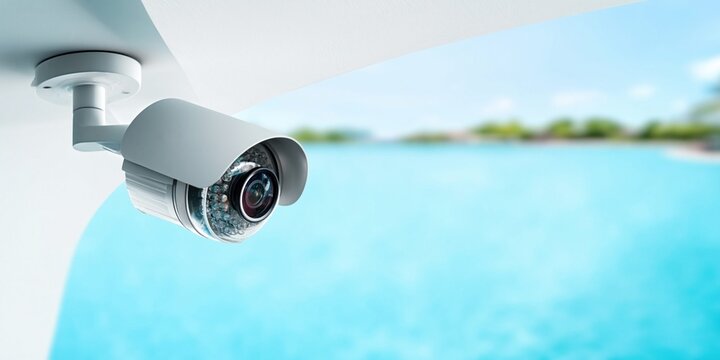 Outdoor security camera mounted on a ceiling overlooking a bright blue swimming pool