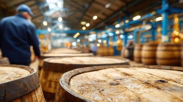 Rows of wooden barrels in a distillery warehouse with a worker in the background