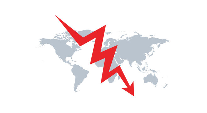 The muted grey world map backdrop highlights a jagged crimson lightning bolt arrow pointing sharply downwards against a clean pale off-white environment.