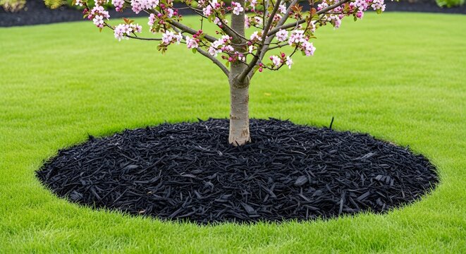 Spring blooming tree with black mulch ring in vibrant green lawn