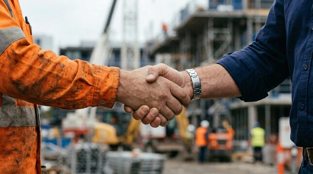 Close up of construction worker and manager shaking hands on building site, union agreement