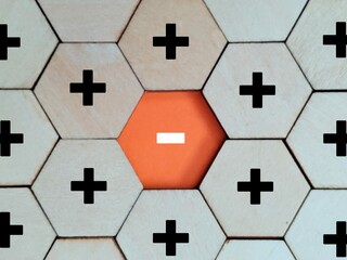 Obraz premium Business contrast illustrated through hexagonal pattern of plus and minus symbols, symbolizing difference, uniqueness and strategic opposition. Business concept