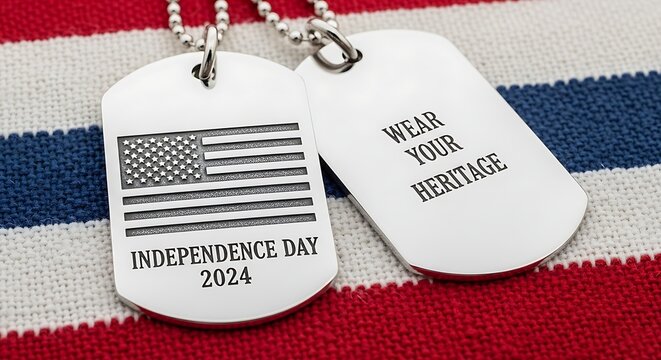 Silver dog tags with american flag and heritage text on fabric background