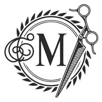M monogram barber logo with scissors and laurel wreath.

