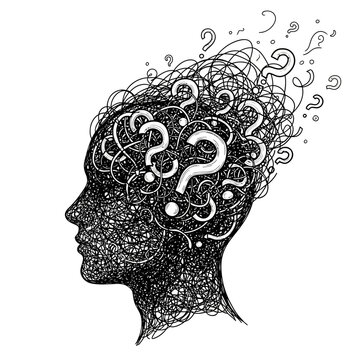 chaotic overthinking concept with tangled thoughts in monochrome sketch style