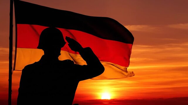 Soldier silhouette saluting german flag at sunset patriotic symbol