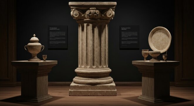 A museum display with a central pillar, pedestals, and artifacts