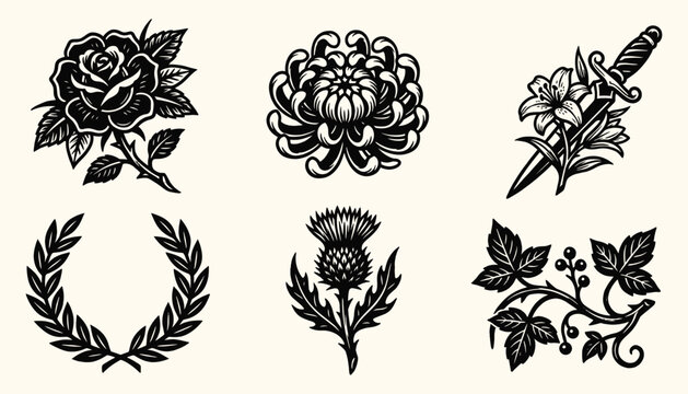 Collection of Vintage Black and White Botanical Tattoo Illustrations Featuring Rose Chrysanthemum Thistle and Laurel Wreath