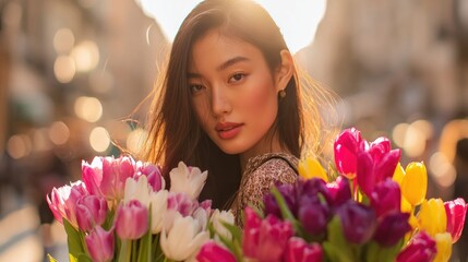 Naklejka premium Young Asian woman holding a vibrant bouquet of tulips in soft golden hour sunlight