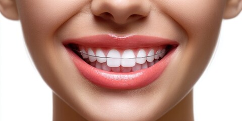 Fototapeta premium Close-up of a woman's perfect smile with clear braces and glossy pink lips