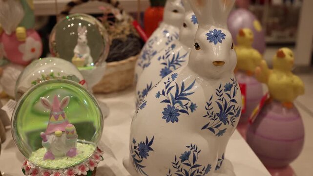 Vertical screen decorative easter bunny figurines with painted patterns glass spheres and colorful ornaments arranged in playful composition creating festive spring holiday mood