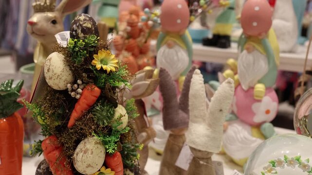 Vertical screen decorative easter composition with rabbit eggs flowers and colorful ornaments arranged in festive display creating spring holiday atmosphere and cheerful mood