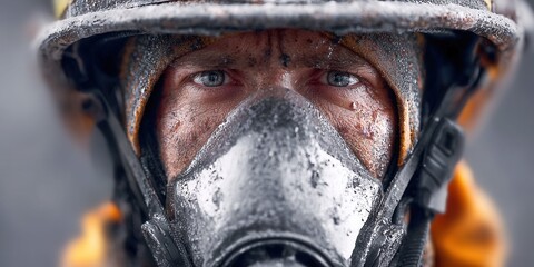 Fototapeta premium Close-up portrait of a determined firefighter wearing a helmet and gas mask, covered in sweat and grime
