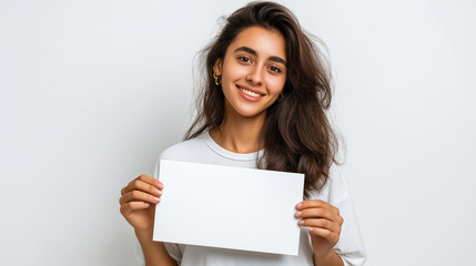 Naklejka premium Young woman holding a blank white sign against a white background, mental health awareness and self-care promotion concept, copy space for wellness message, with copy space