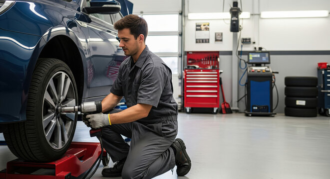 Young male mechanic in uniform changing tire on blue car with impact wrench in modern auto repair shop garage