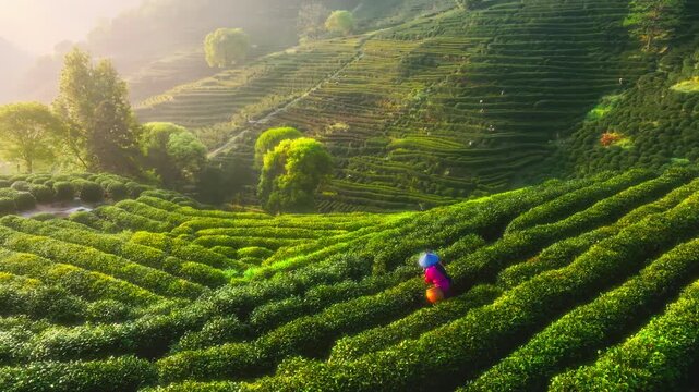 Solitary Tea Picker in a Vast Green Plantation