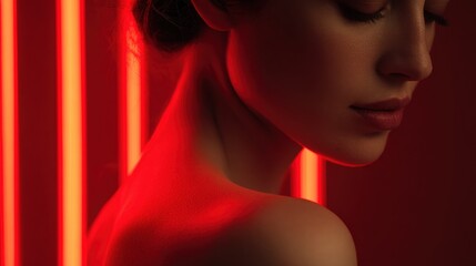 Dramatic female profile lit by intense red light against dark background beauty skin therapy concept