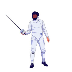 Obraz premium Fencer in white uniform with mask and sword, ready for duel, isolated on white background.