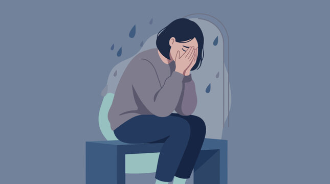Illustration of a person overwhelmed by sadness and rain.