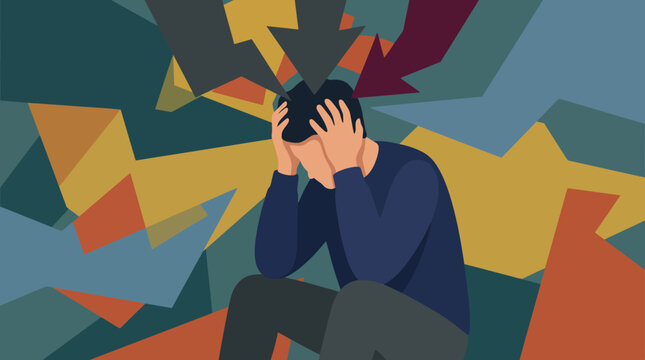 Stressed person overwhelmed by chaotic colorful arrows pointing inward.