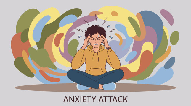 Young person sitting cross-legged experiencing an anxiety attack illustration.