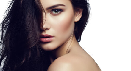 Fototapeta premium Portrait of a beautiful young woman with dark hair isolated on transparent background