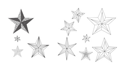 Obraz premium Collection of five pointed stars with stippled and linework textures