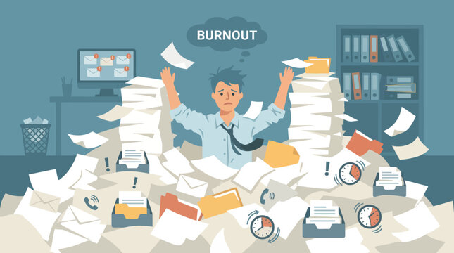 Stressed office worker buried under towering piles of paperwork and files.