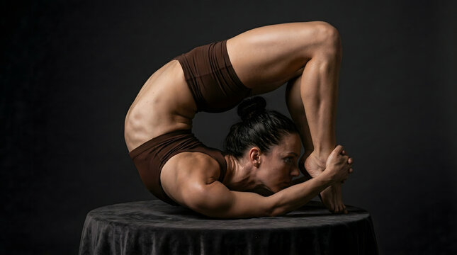 Professional female contortionist performing an extreme backbend chest stand on a pedestal against a dark studio background, showcasing incredible flexibility and physical strength.