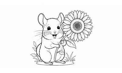 Fototapeta premium A cheerful mouse stands upright holding a large sunflower with detailed petals. Coloring page, black and white