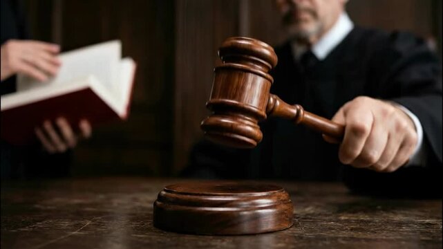 A judge in a black robe holds a gavel over a wooden table. Another person in the background holds a book.