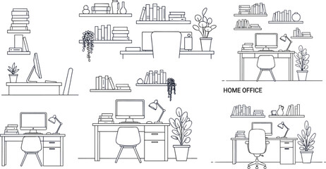 Home Office Workspace with Desk, Bookshelves, and Plants, Minimalist Office Setup Illustration for Remote Work, Productivity, and Home Decor © Kamrun