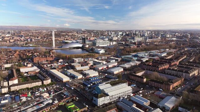 Glasgow Scotland: 13th Feb 2026: Drone view of Glasgow Pacific Quay and dock with the city skyline in the background. Clyde River with buildings and open spaces under a clear sky