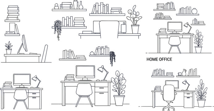 Home Office Workspace with Desk, Bookshelves, and Plants, Minimalist Office Setup Illustration for Remote Work, Productivity, and Home Decor