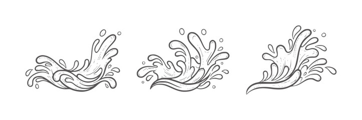 Fototapeta premium Three stylized black and white water splashes with droplets liquid wave motion