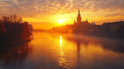Naklejka premium Sunrise over river with city buildings