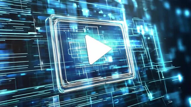 A digital play button on a technology background featuring glowing blue elements. Concept of online video content